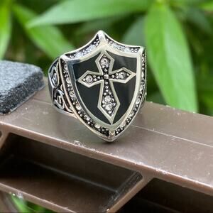 Mens Stainless Steel Shield & Cross Top Ring Sizes 9,10,11